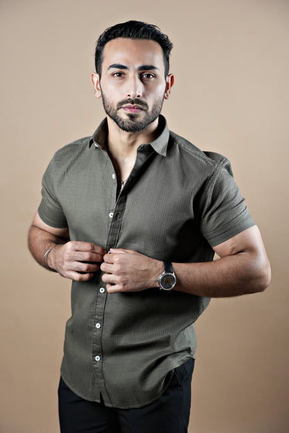 Half Sleeve Textured Stretch Shirt Olive green 
