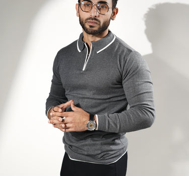 Signature Long Sleeves Zipper Knitted Polo T-shirt Dark Grey