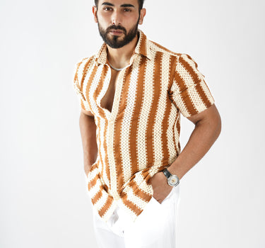 Bohemian Crochet striped Shirt Brown