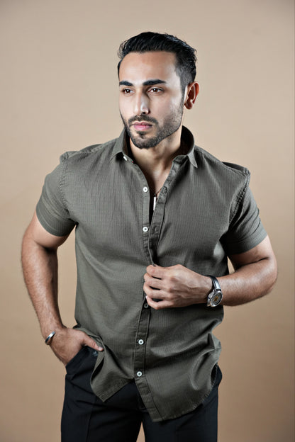 Half Sleeve Textured Stretch Shirt Olive green 