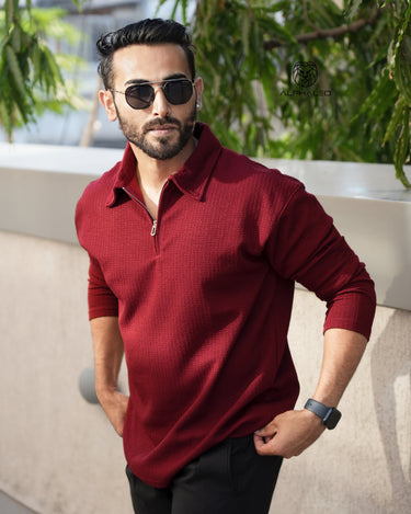 Riviera Jacquard Knitted Men's Polo T-Shirt Wine