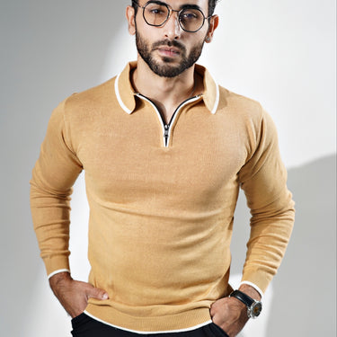 Signature Long Sleeves Knitted Zipper Polo in Khaki color