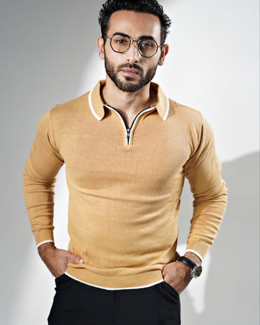 Signature Long Sleeves Knitted Zipper Polo in Khaki color
