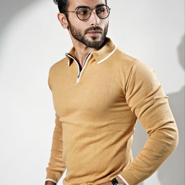 Signature Long Sleeves Knitted Zipper Polo in Khaki color