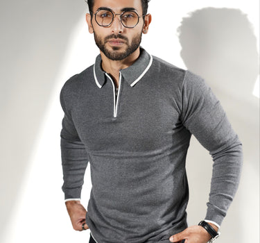 Signature Long Sleeves Zipper Knitted Polo T-shirt Dark Grey