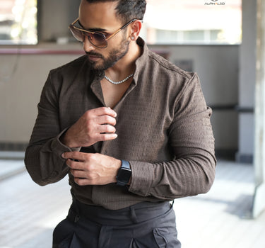 Nova Mandarin Collar Men's Designer Stretch Shirt Taupe