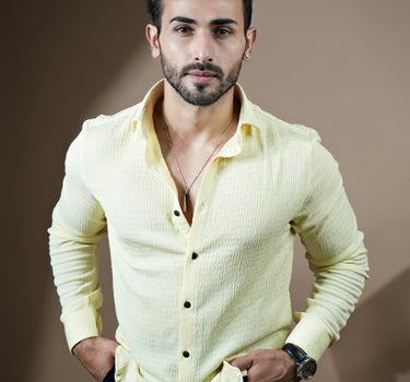 Causual body fit tapered lemon shirt with black trousers.