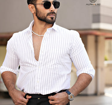 Oxford White and Black Striped Full Sleeve Single Cuff Tailored Fit Classic Formal Cotton Shirt