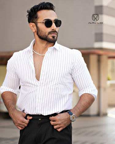 Oxford White and Black Striped Full Sleeve Single Cuff Tailored Fit Classic Formal Cotton Shirt