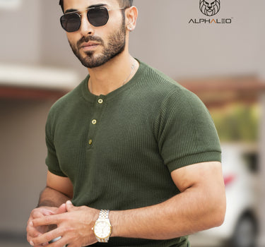 Apollo Knitted Textured Henley Dark Green