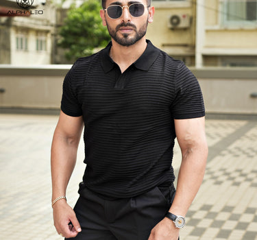 Marcelo Ribbed knitted Mesh Polo Black