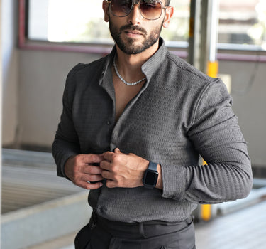 Nova Mandarin Collar Men's Designer Stretch Shirt Dark Grey