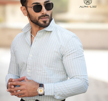 Oxford Light Green and White Striped Full Sleeve Single Cuff Tailored Fit Classic Formal Cotton Shirt