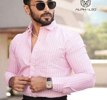 Oxford Baby Pink and White Striped Full Sleeve Single Cuff Tailored Fit Classic Formal Cotton Shirt