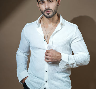 Causual body fit tapered white shirt with black trousers.