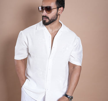 Riviera Half Sleeve Linen  Embroidered Shirt White