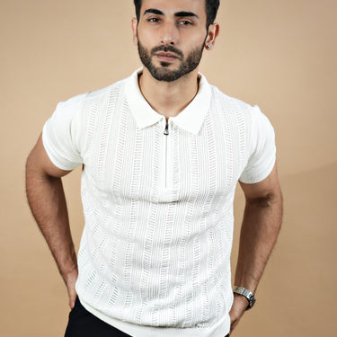 Venice Crochet Textured Zipper Polo White