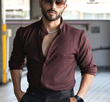 Nova Mandarin Collar Men's Designer Stretch Shirt Dark Brown