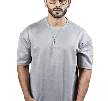 Suede Embroidered Oversize T-Shirt in milange color