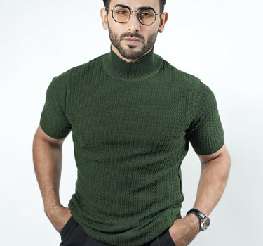 ZEN Textured Knitted Turtle Neck Half sleeve T-shirt in Dark green color