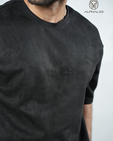 Suede Embroidered Overisized T-Shirt in Midnight Black