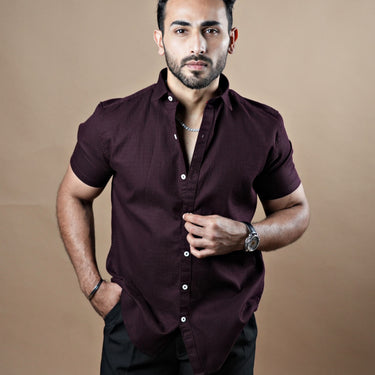 Half Sleeve Textured Stretch Shirt Wine