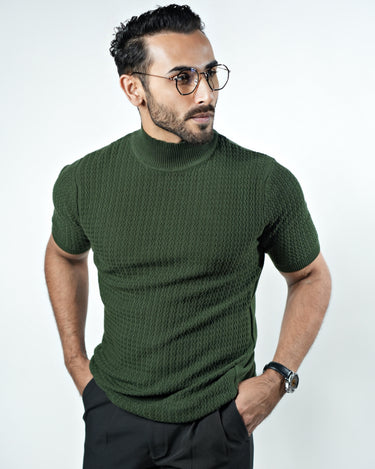 ZEN Textured Knitted Turtle Neck Half sleeve T-shirt in Dark green color