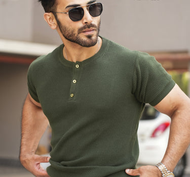 Apollo Knitted Textured Henley Dark Green