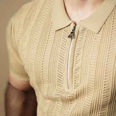 Venice Crochet Textured Zipper Polo in Beige color