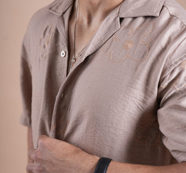 Riviera Half Sleeve Linen Embroidered Shirt Beige