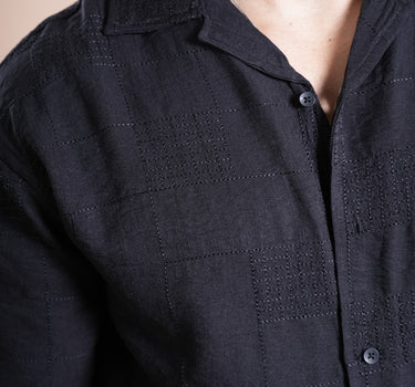 Riviera Half Sleeve Linen Embroidered  Shirt Black