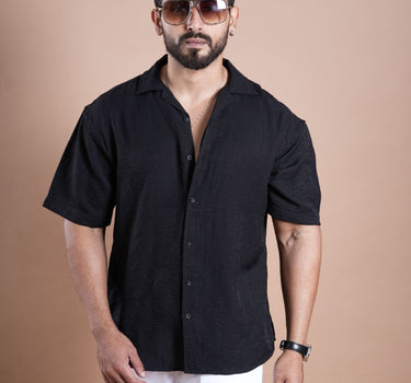 Riviera Half Sleeve Linen Embroidered Shirt Black