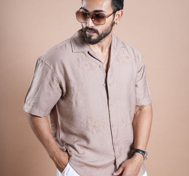 Riviera Half Sleeve Linen Embroidered Shirt Beige